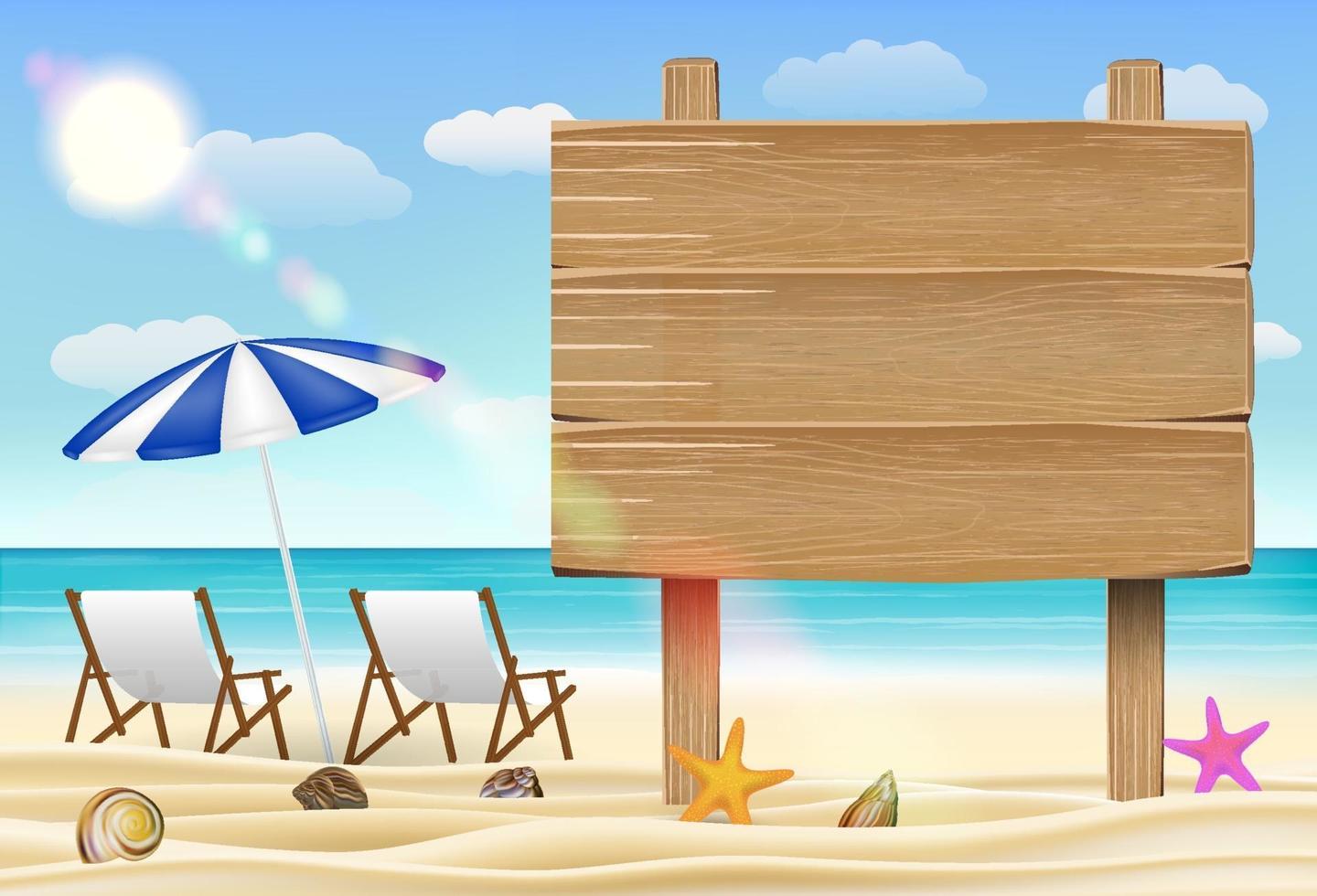 wood board sign on sea sand beach with chairs vector