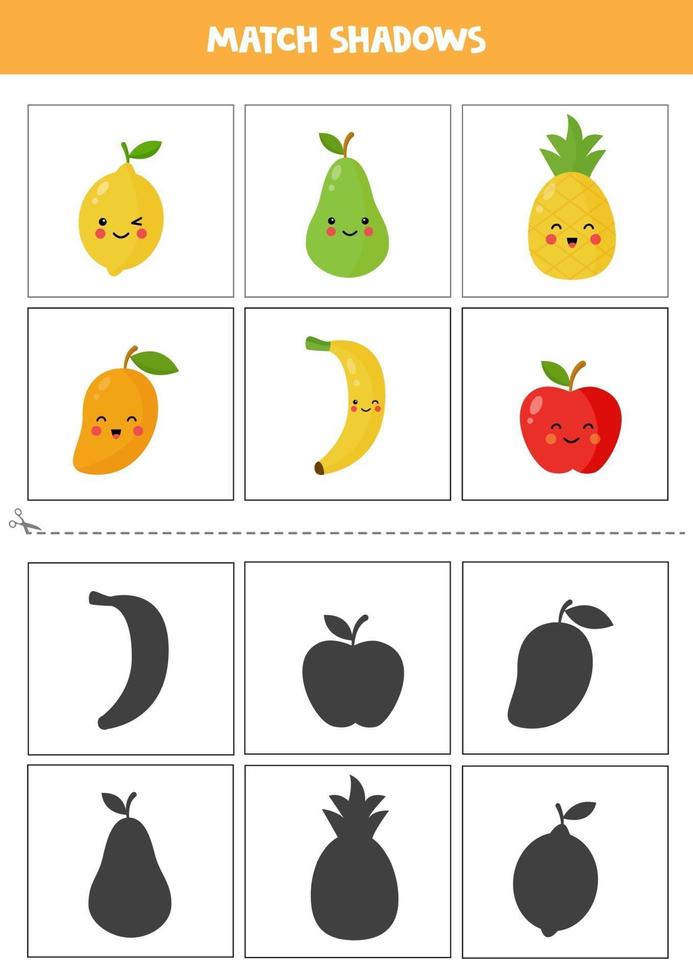 Find shadows of cute cartoon fruits. Cards for kids. vector