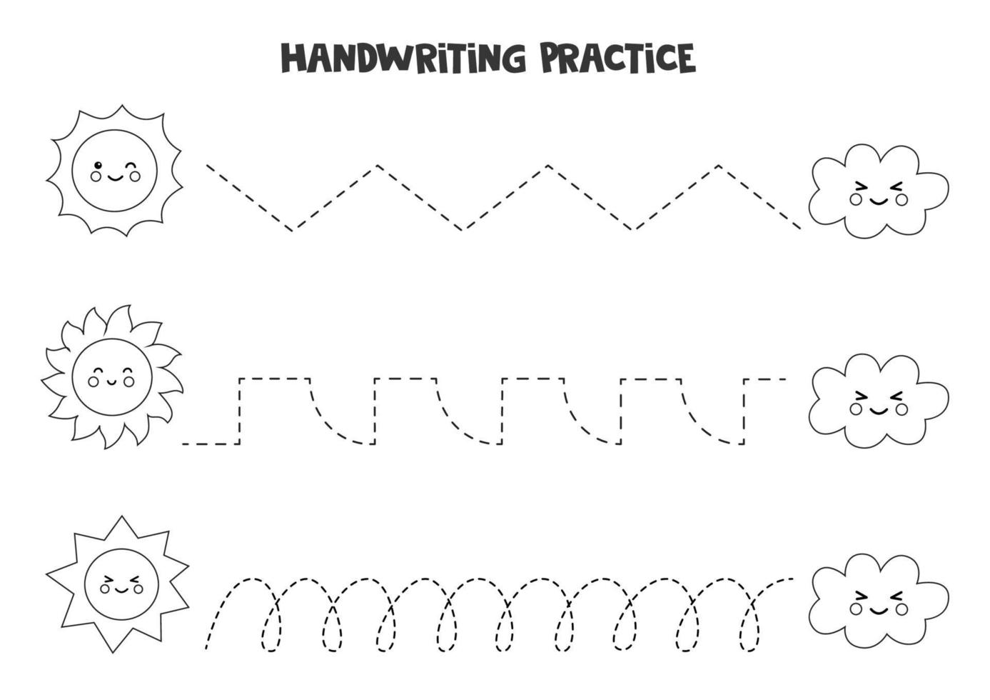 Tracing lines with black and white clouds and suns. Writing practice. vector