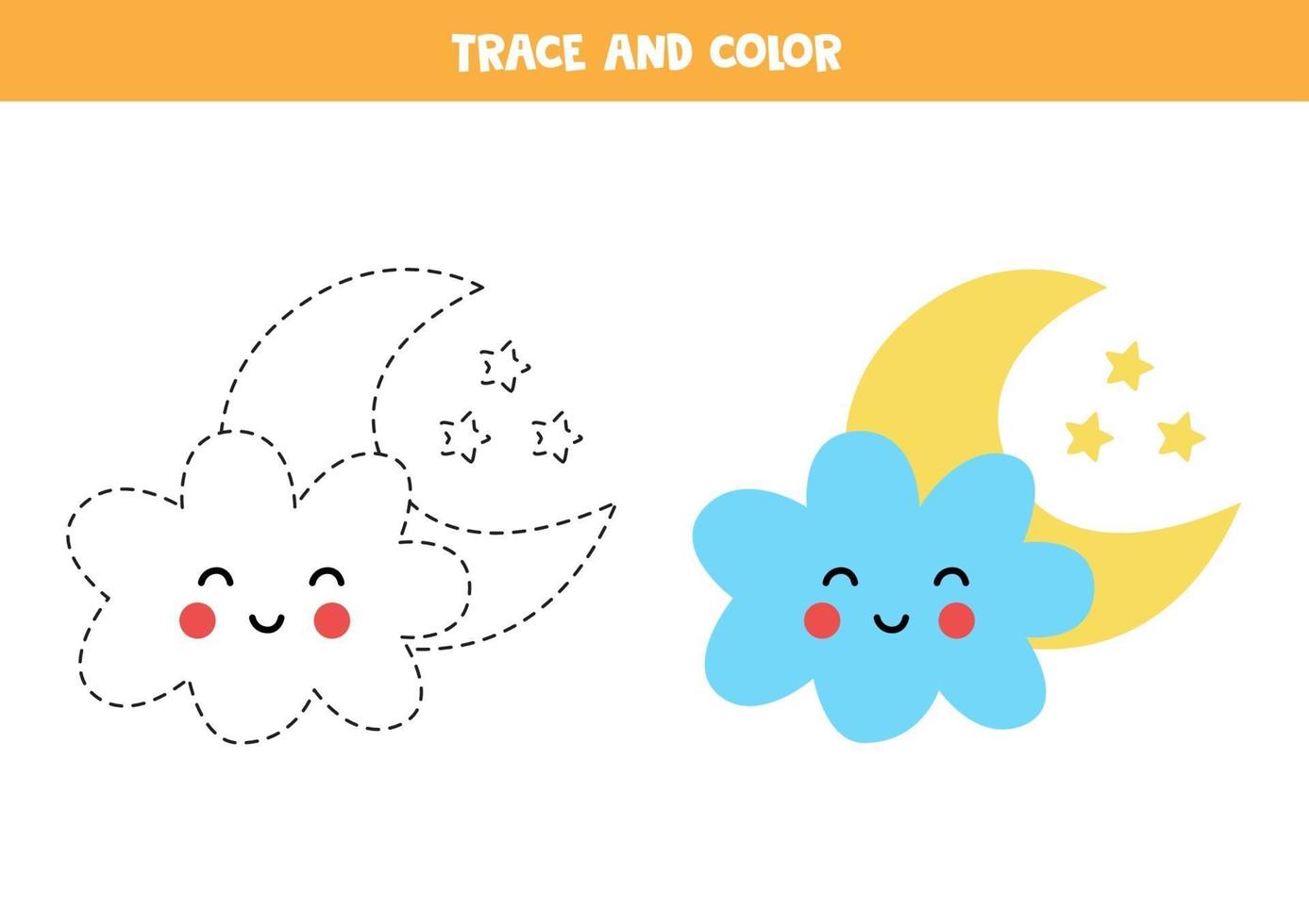 Trace and color cute kawaii cloud and moon. Worksheet for kids. vector