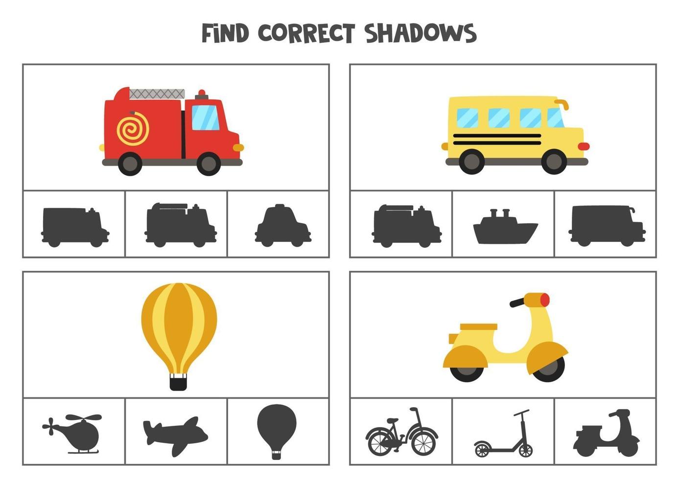 Find the correct shadows of transportation means. Clip cards for preschool kids. vector