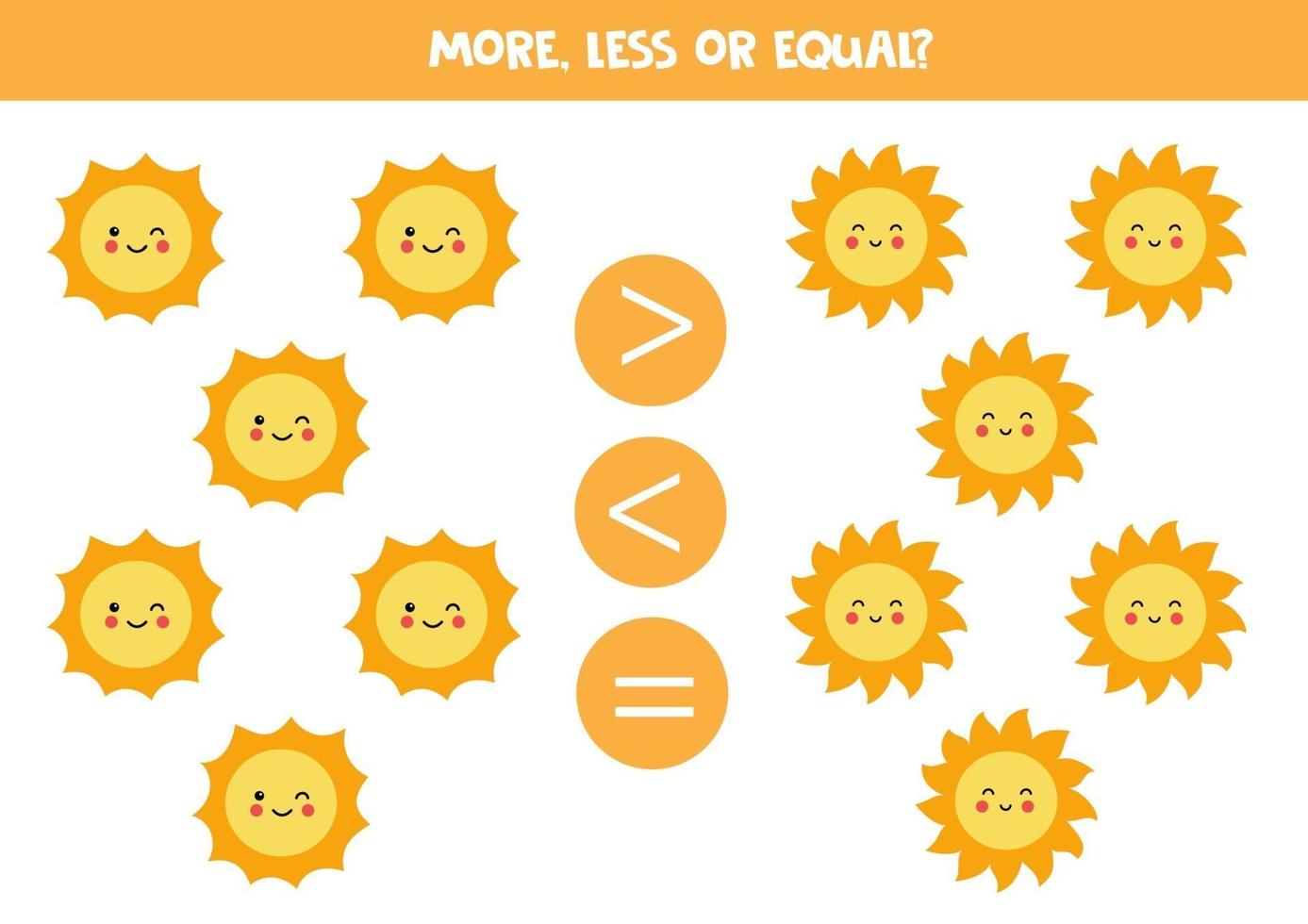 More, less, equal with cute kawaii suns. vector