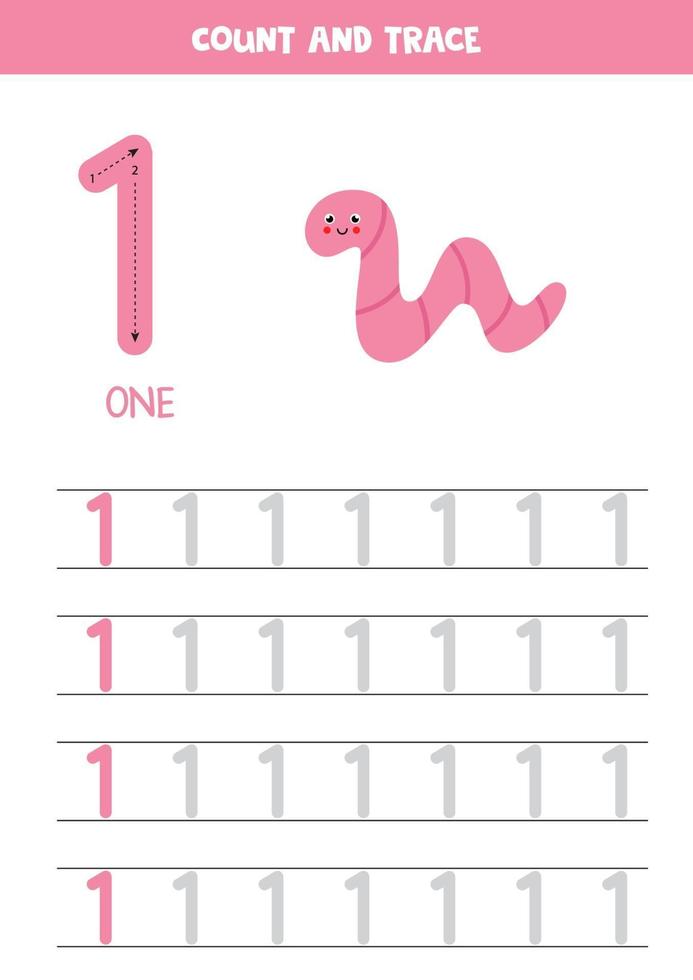 Numbers tracing practice. Writing number one. Cute worm. vector