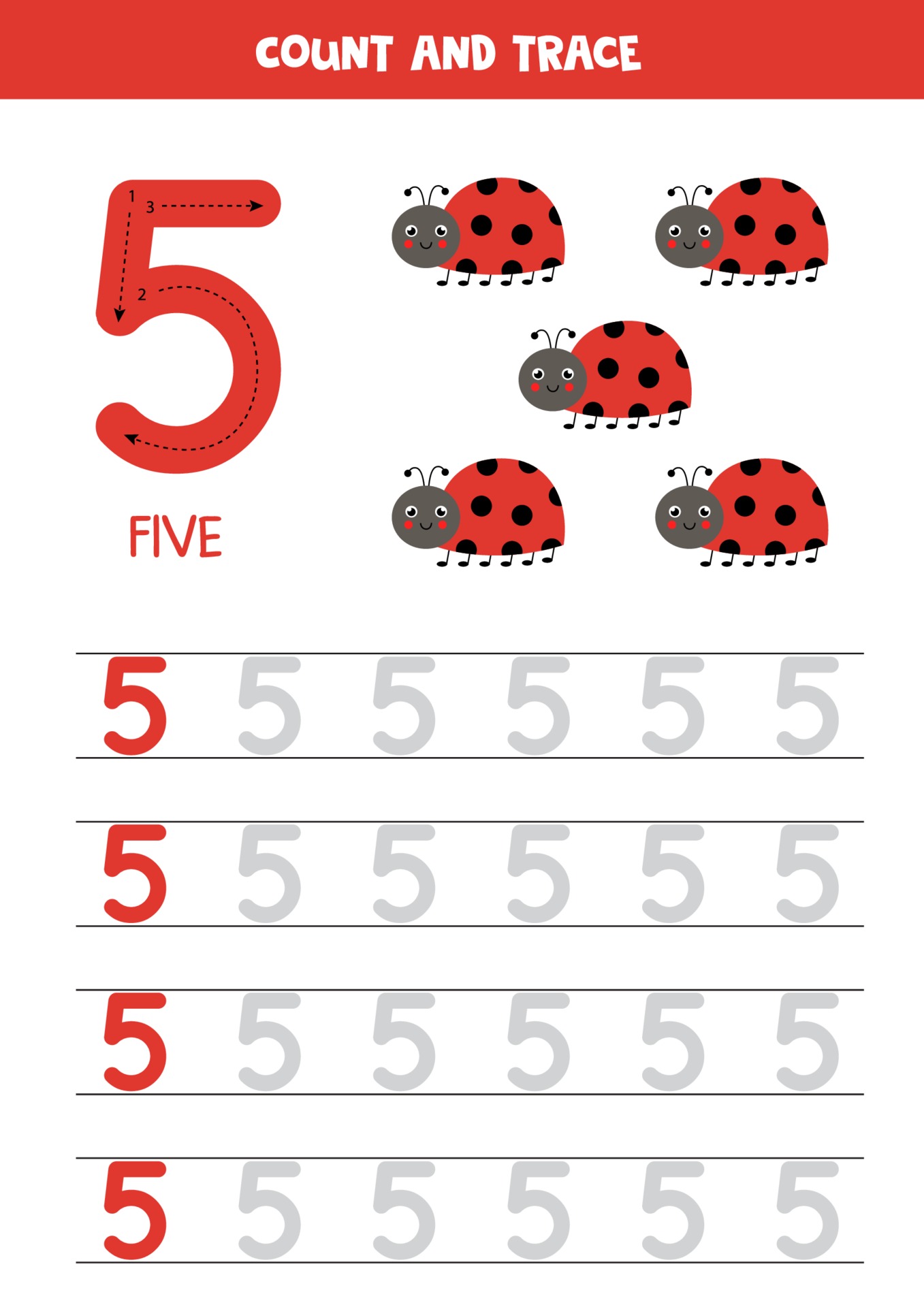 tracing numbers worksheet with cute ladybugs trace number 5 2287521 vector art at vecteezy