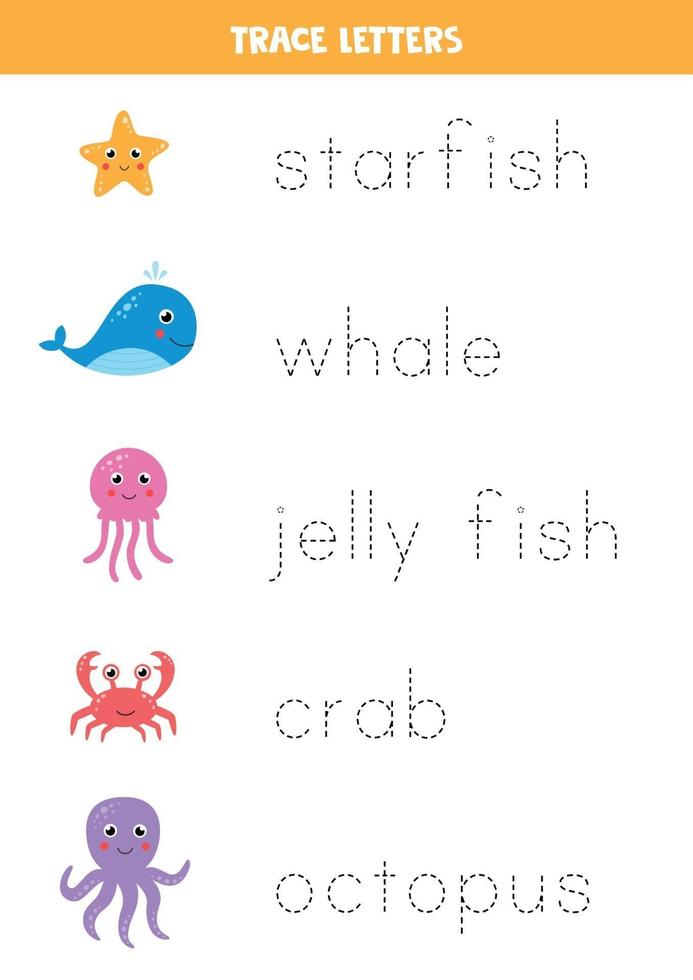 Tracing letters with cute sea animals. Writing practice. vector