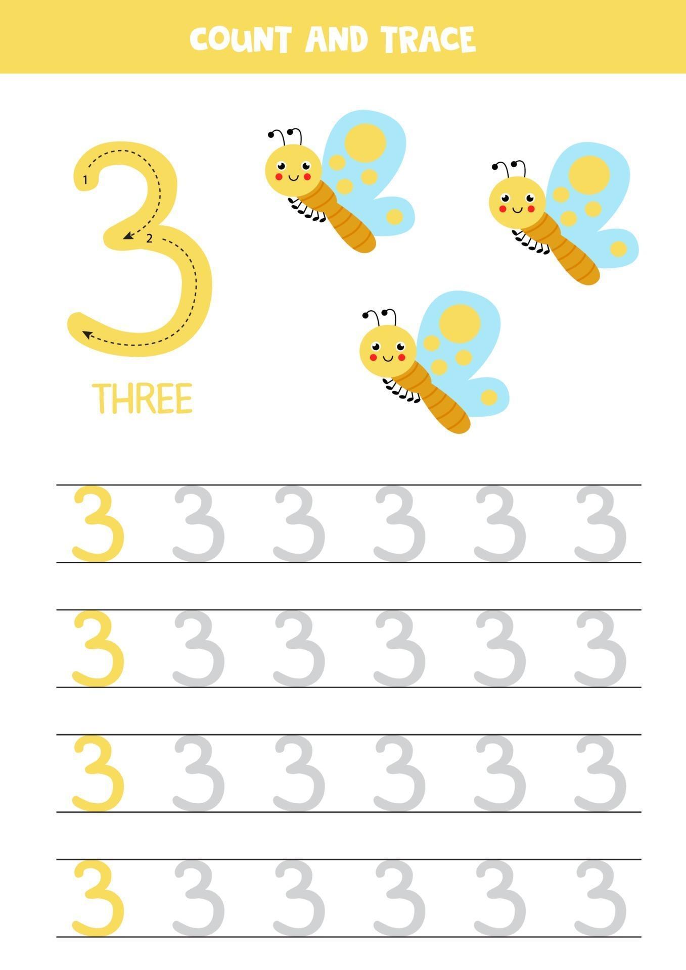 tracing-numbers-worksheet-with-cute-butterflies-trace-number-3-2287531-vector-art-at-vecteezy