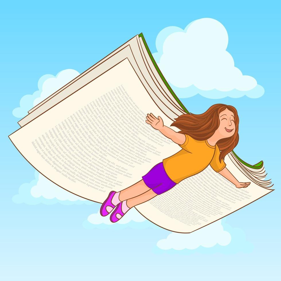 Girl flying between clouds her wings are a book vector