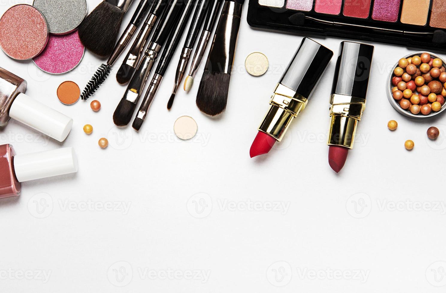 Cosmetics flat lay on a white background photo