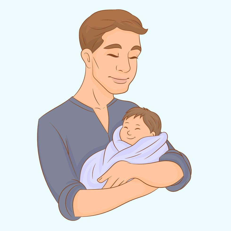 Dad carrying in his arms his little newborn son vector