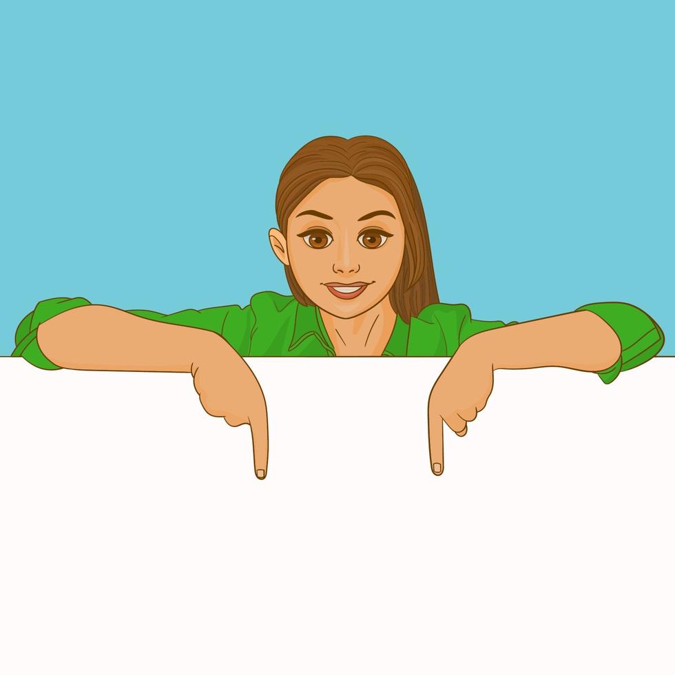 Girl is behind blank banner and pointing down vector