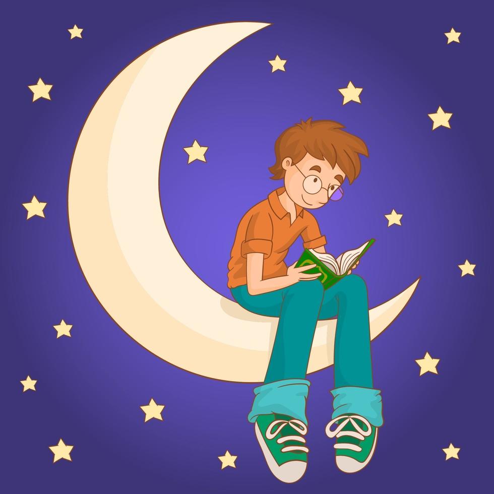 niño musulmán sentado en la luna leyendo el corán vector