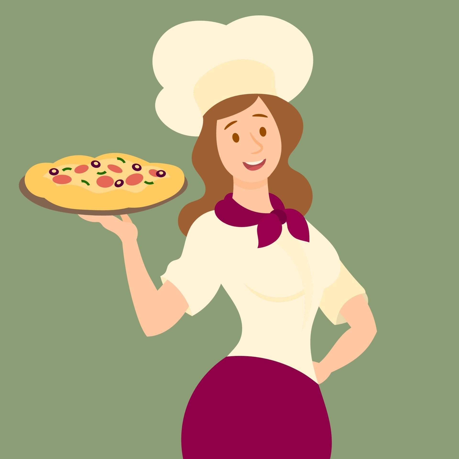 Girl in chef hat holding cooked pizza 2288084 Vector Art at Vecteezy