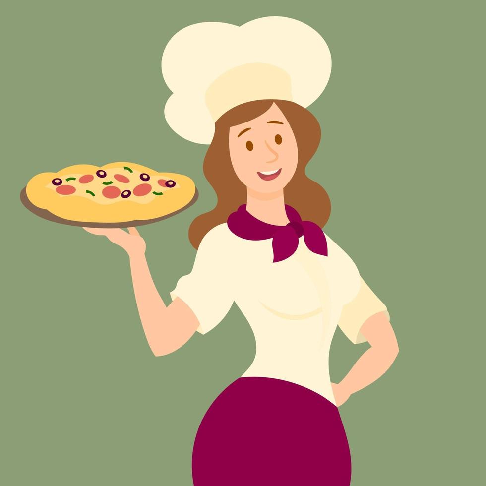 chica con gorro de cocinero sosteniendo pizza cocida vector