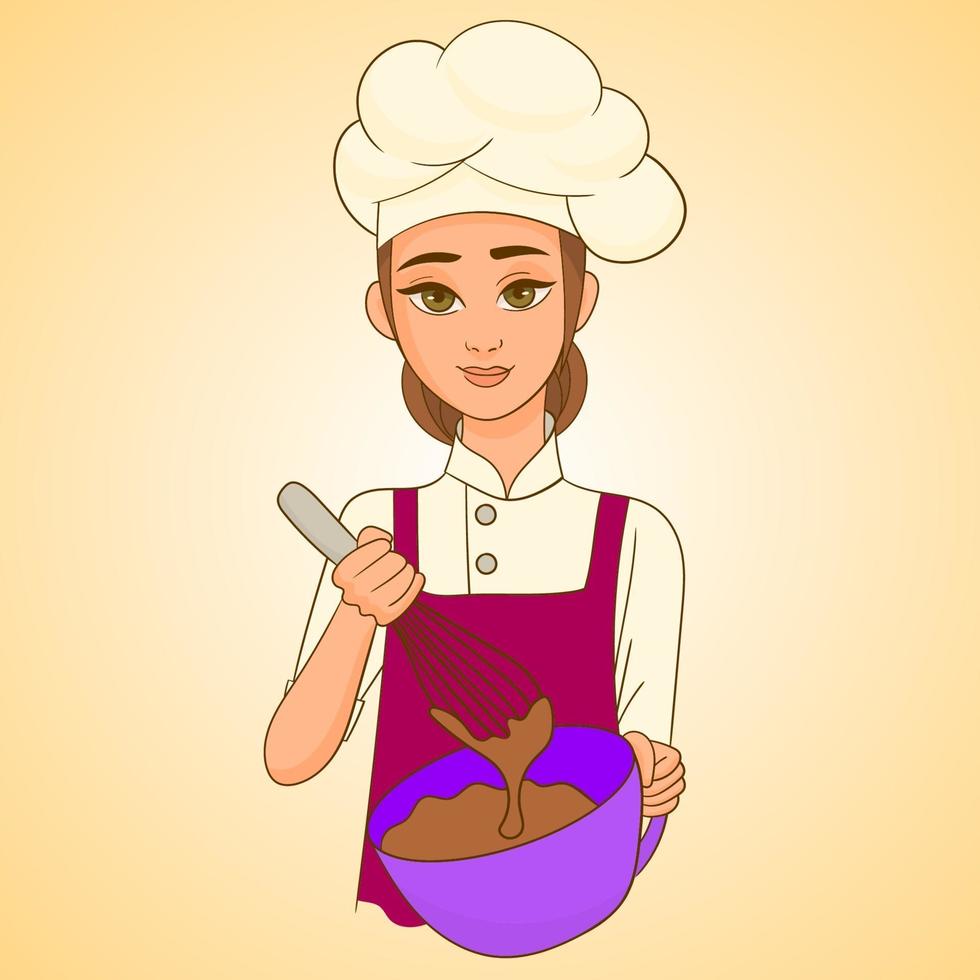chef chica cocinando vector