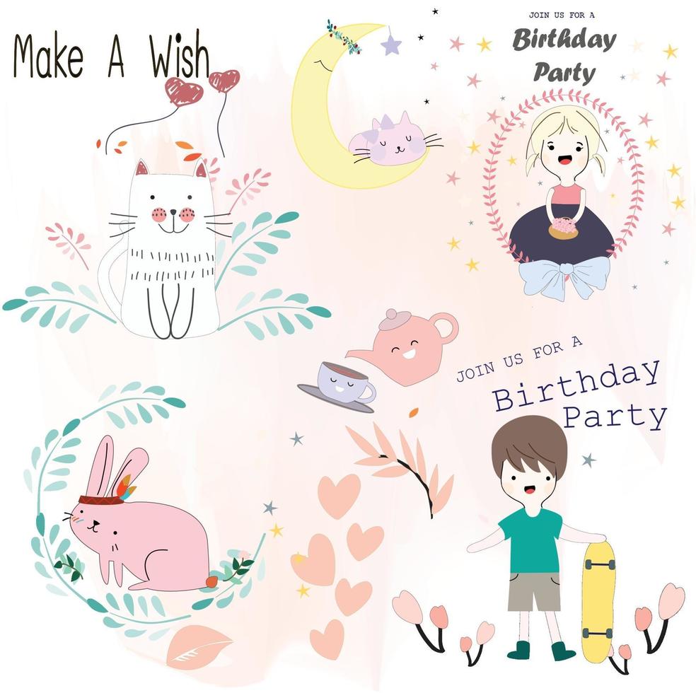 Cute  sticker boy and girl birthday party vector