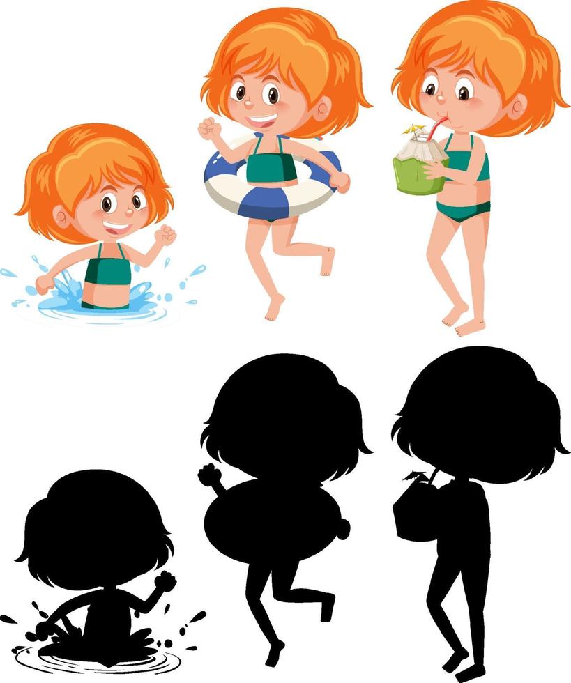 personaje de dibujos animados de una niña haciendo diferentes actividades con silueta vector