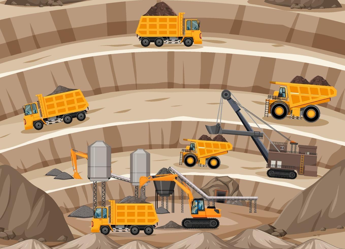 Landscape of coal mining scene with crane and trucks vector