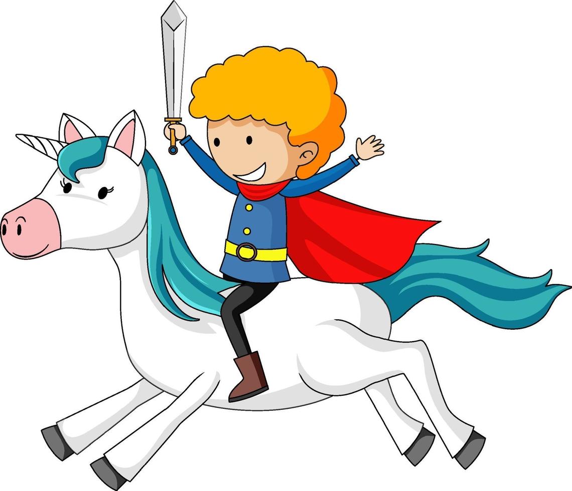 personaje de dibujos animados simple de un príncipe montando un unicornio aislado vector