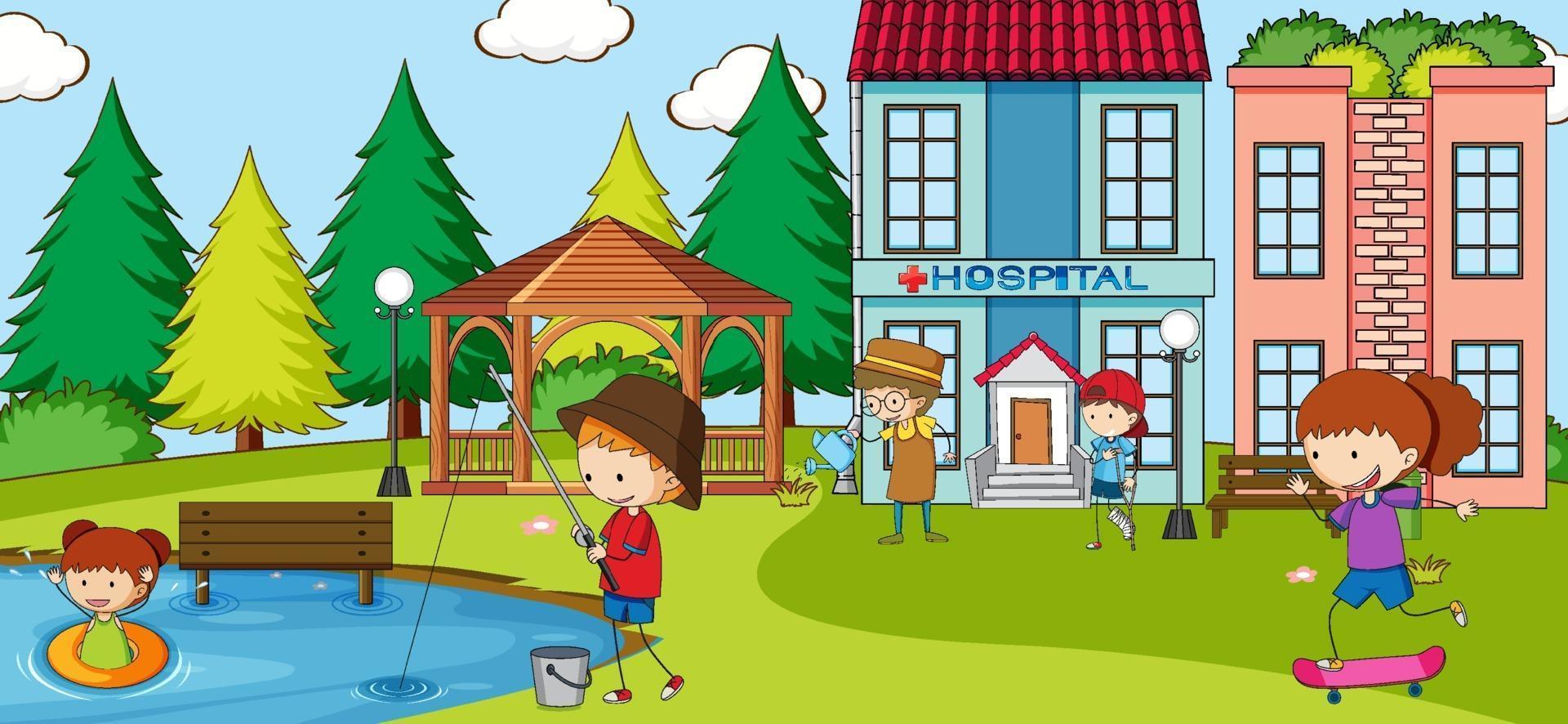 Outdoor scene with many kids playing in the park vector
