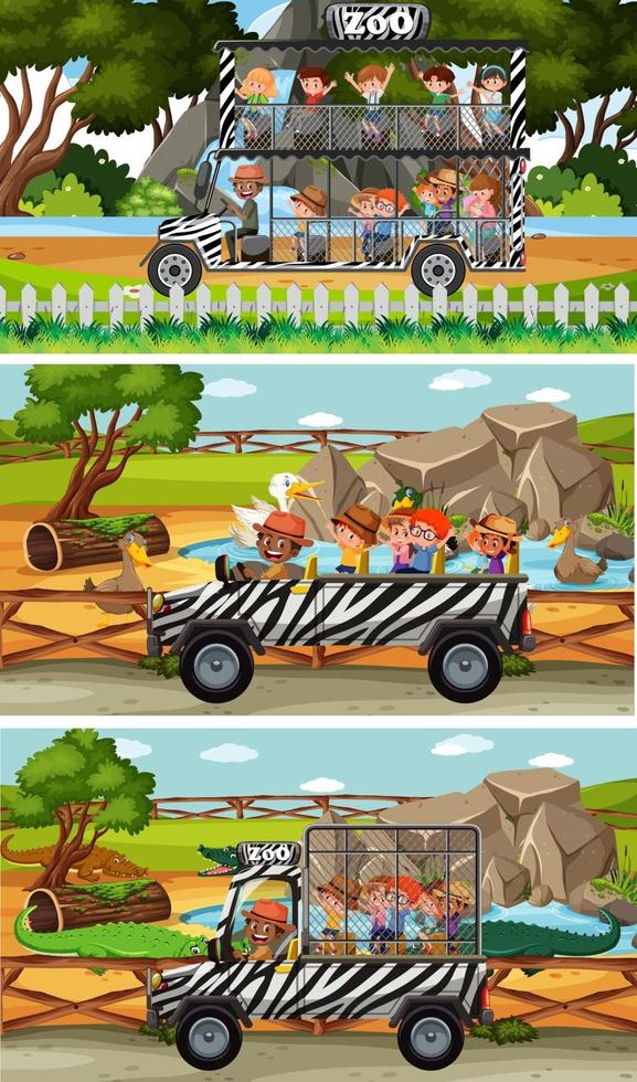 Conjunto de diferentes escenas horizontales de safari con personajes de dibujos animados de animales y niños vector