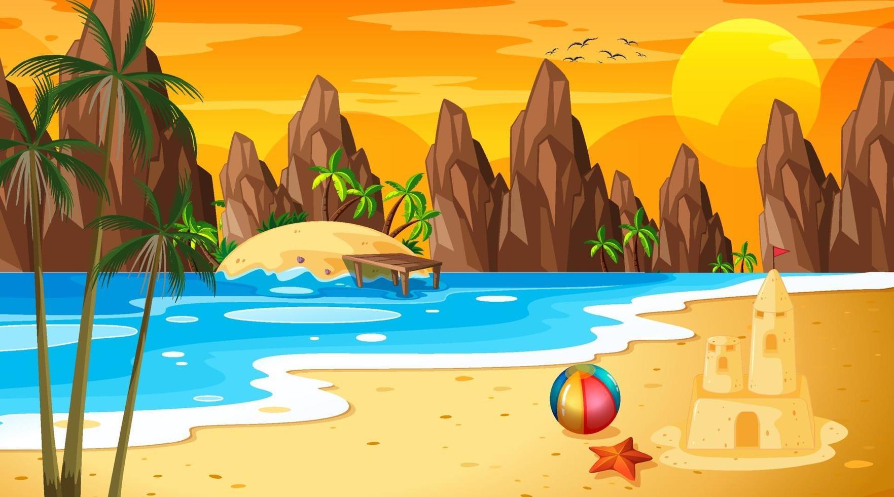 Escena de paisaje de playa tropical con castillo de arena al atardecer vector