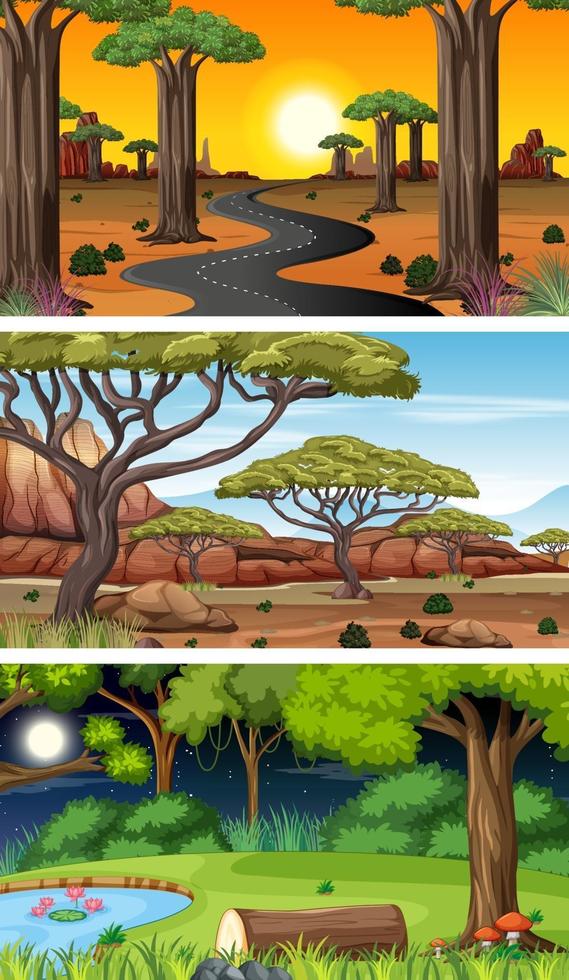 Set of different forest horizontal scenes in different times vector