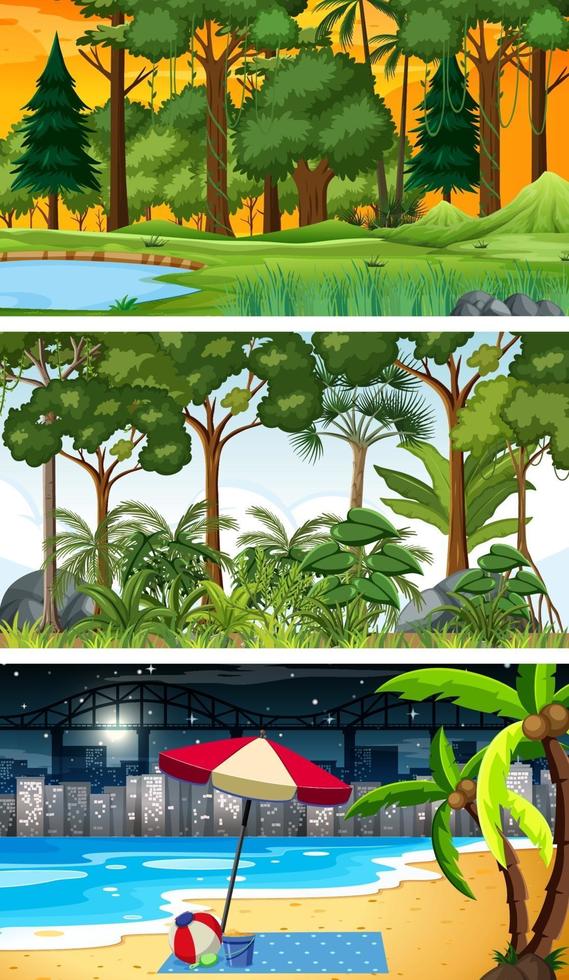 Tres escenas horizontales de bosque diferentes. vector