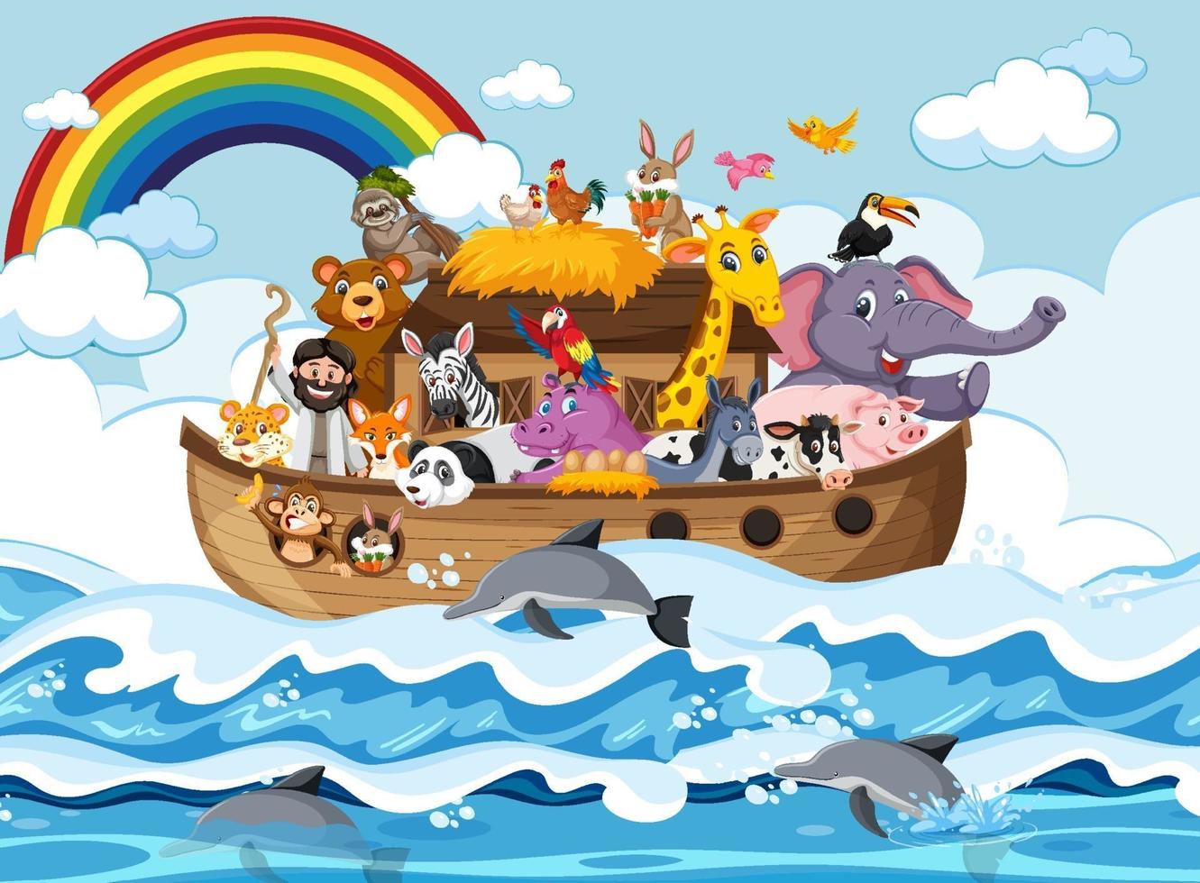 Noahs Ark with animals in the ocean scene vector