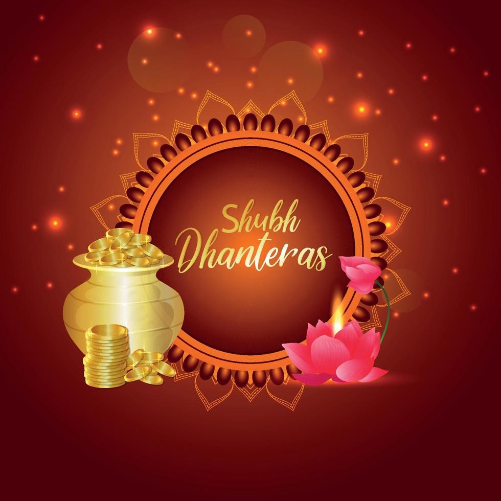 Happy dhanteras celebration greeting card with creative coin pot vector