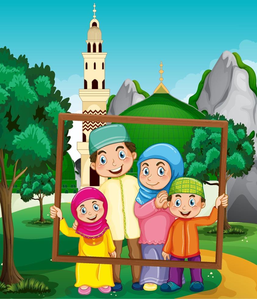 Happy family holding photo frame with mosque on the background vector