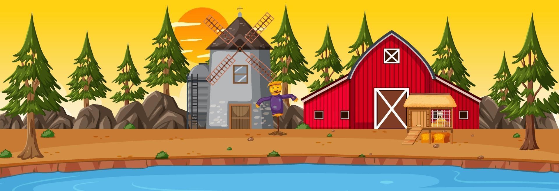 Farmland horizontal scene with barn and windmill at sunset time vector