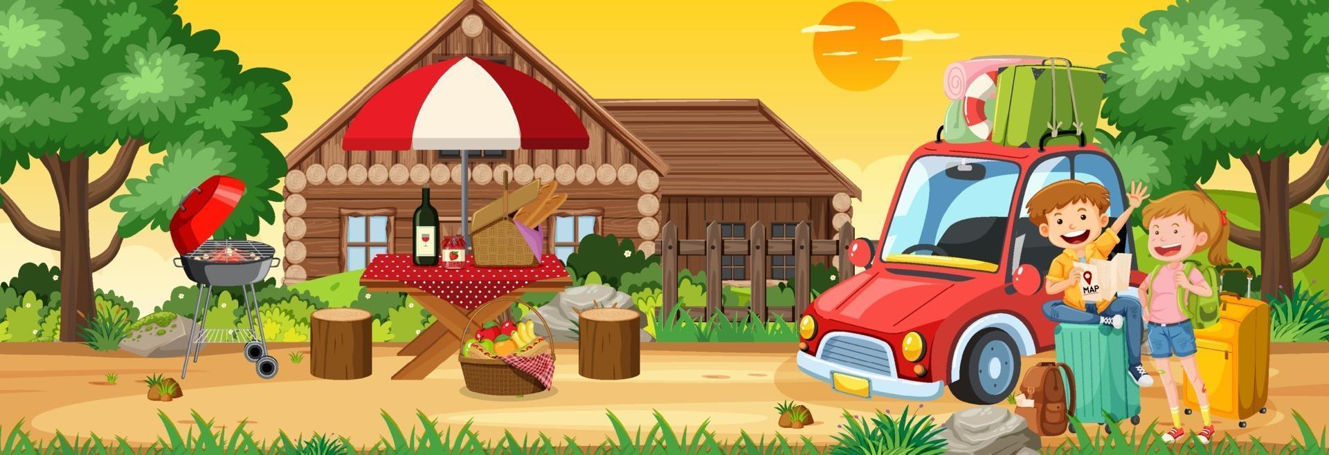 Picnic outdoor at sunset time scene with a couple in travelling theme vector