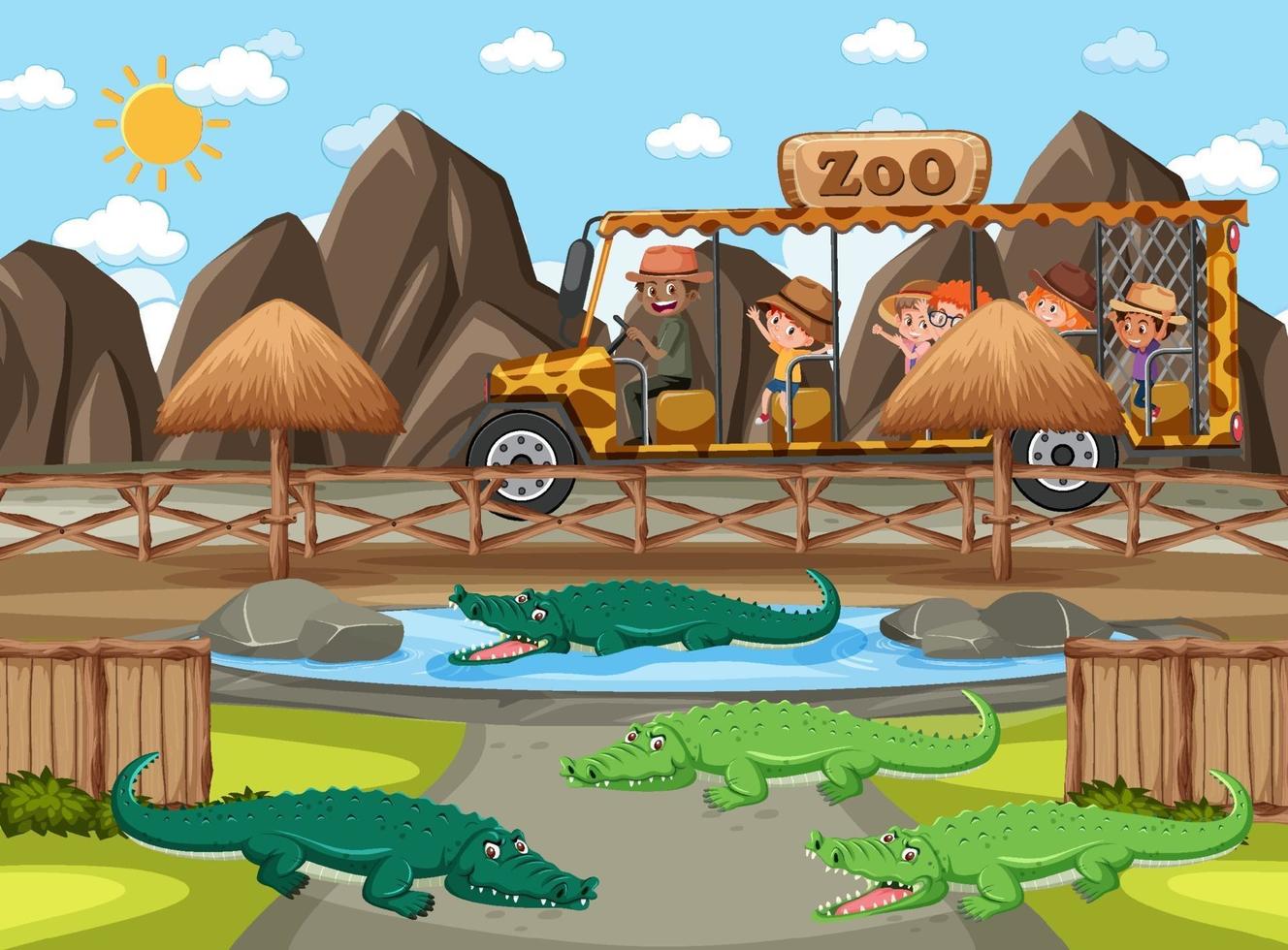 Children on tourist car watching alligator group in the zoo scene vector