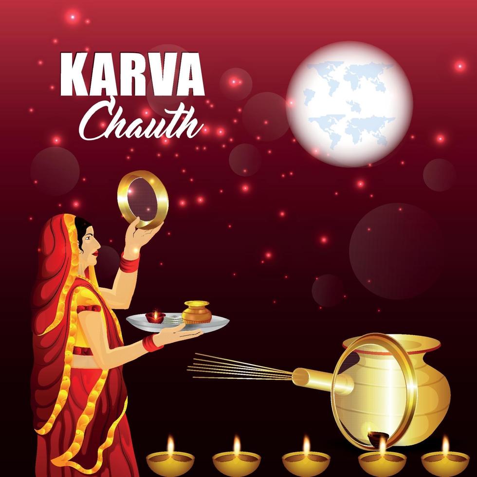 Happy Karwa Chauth festival card with diya and karwa chauth ...