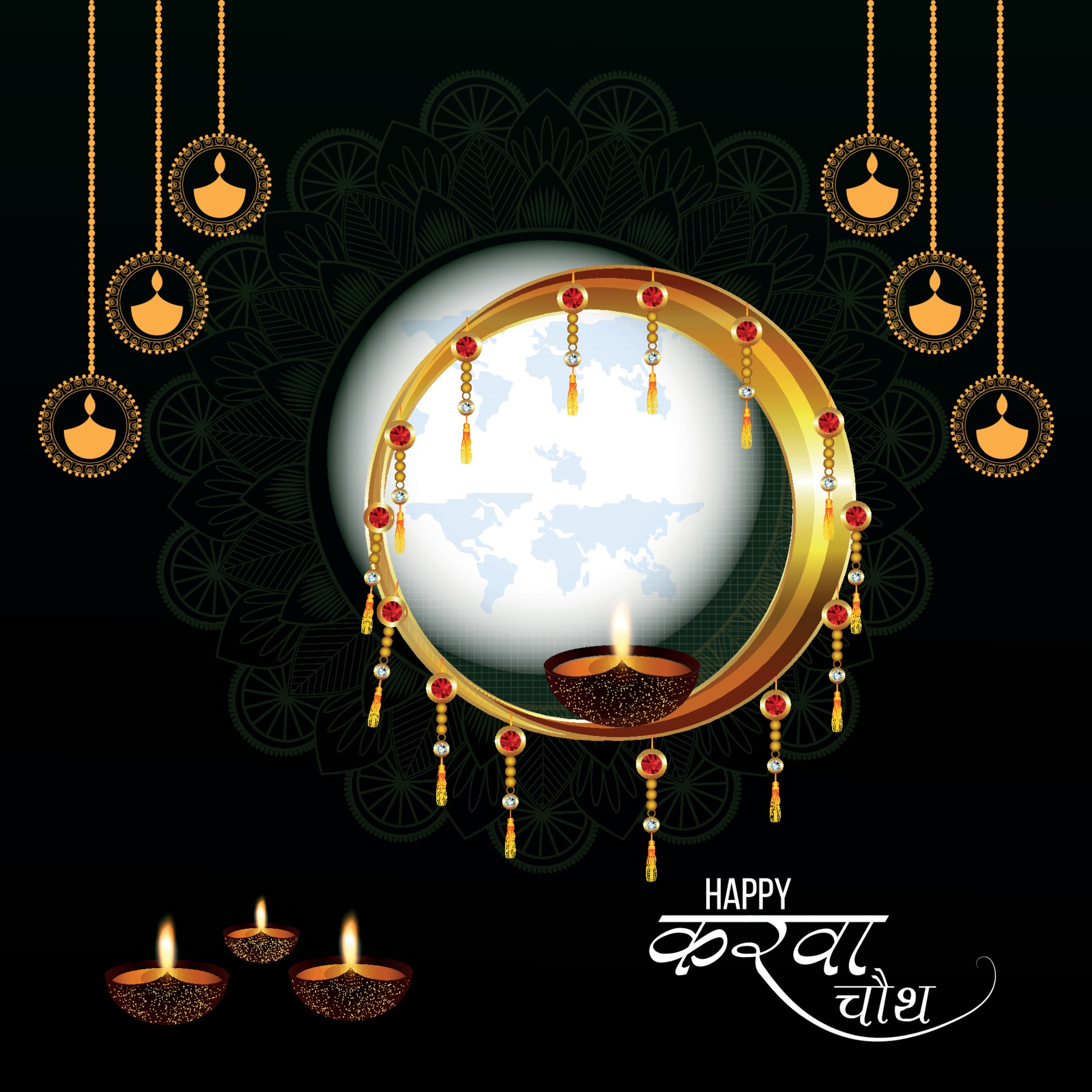 Happy Karwa Chauth festival card with diya and karwa chauth equipment