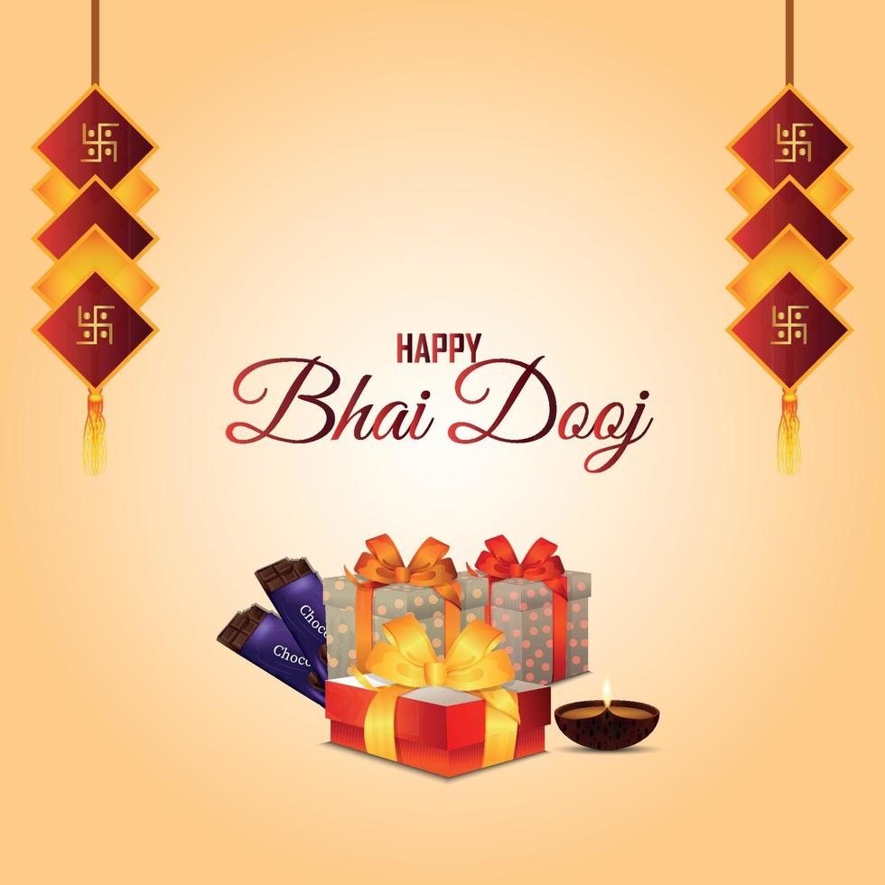Bhai dooj celebration greeting card with creative gifts and sweet vector