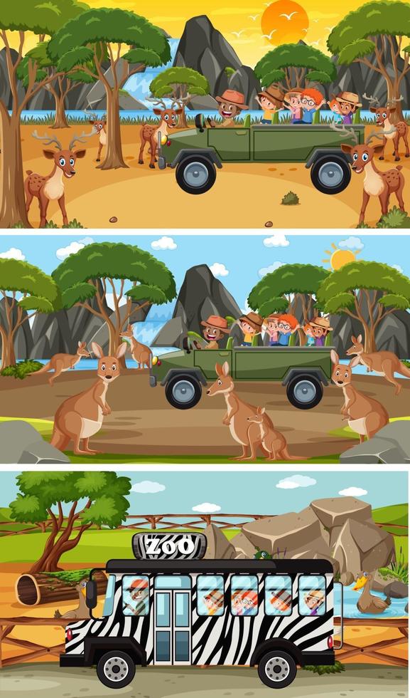 Set of different safari horizontal scenes with animals and kids cartoon character vector