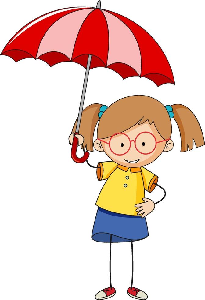 Cute girl holding umbrella doodle cartoon character isolated vector