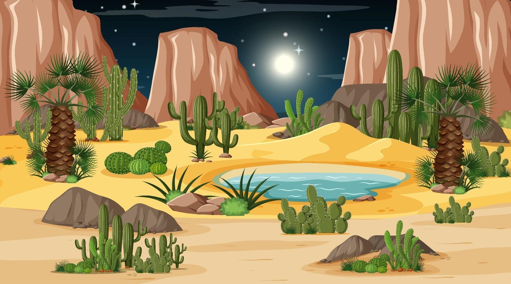 Desert forest landscape at night scene with oasis vector