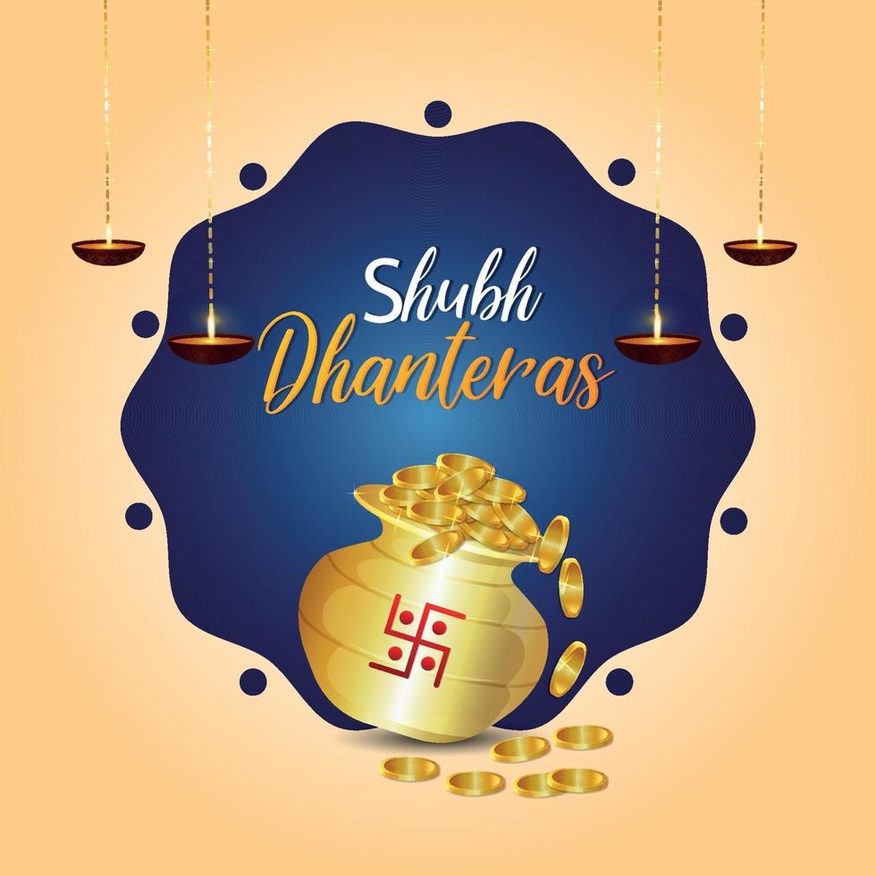 feliz tarjeta de felicitación de celebración de dhanteras con olla de monedas de oro creativa y diwali diya vector