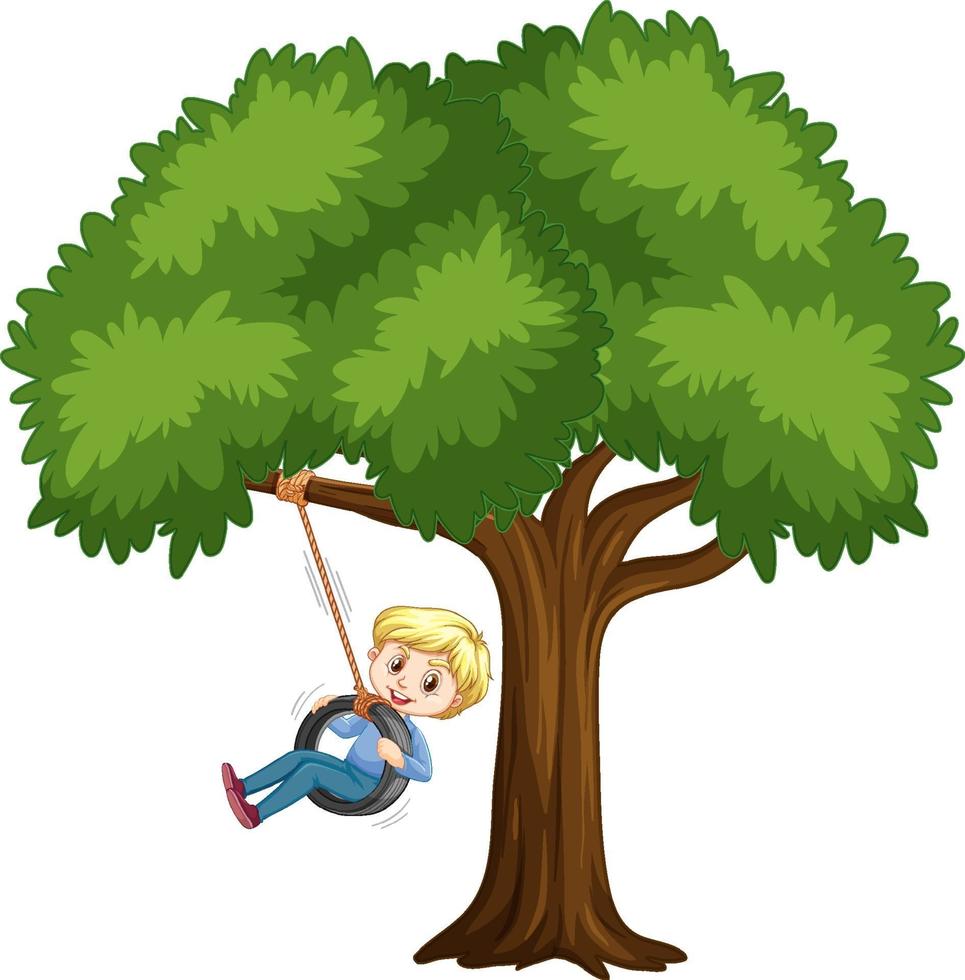 Kid playing tire swing under the tree on white background vector