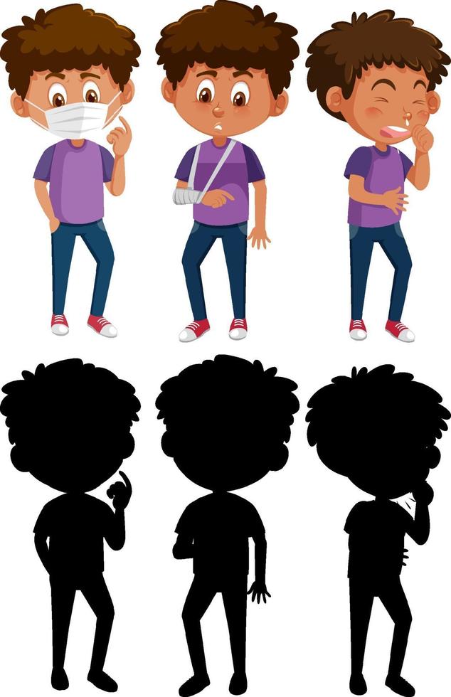conjunto de un personaje de dibujos animados de niño en diferentes posiciones con su silueta vector