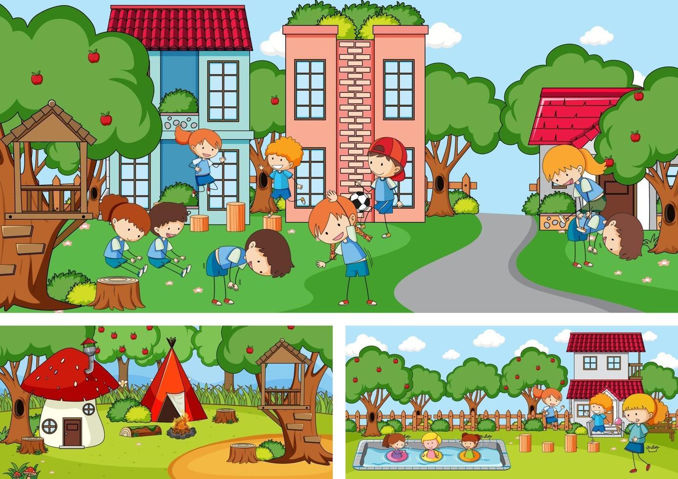 Set of different horizontal scenes with doodle kids cartoon character vector