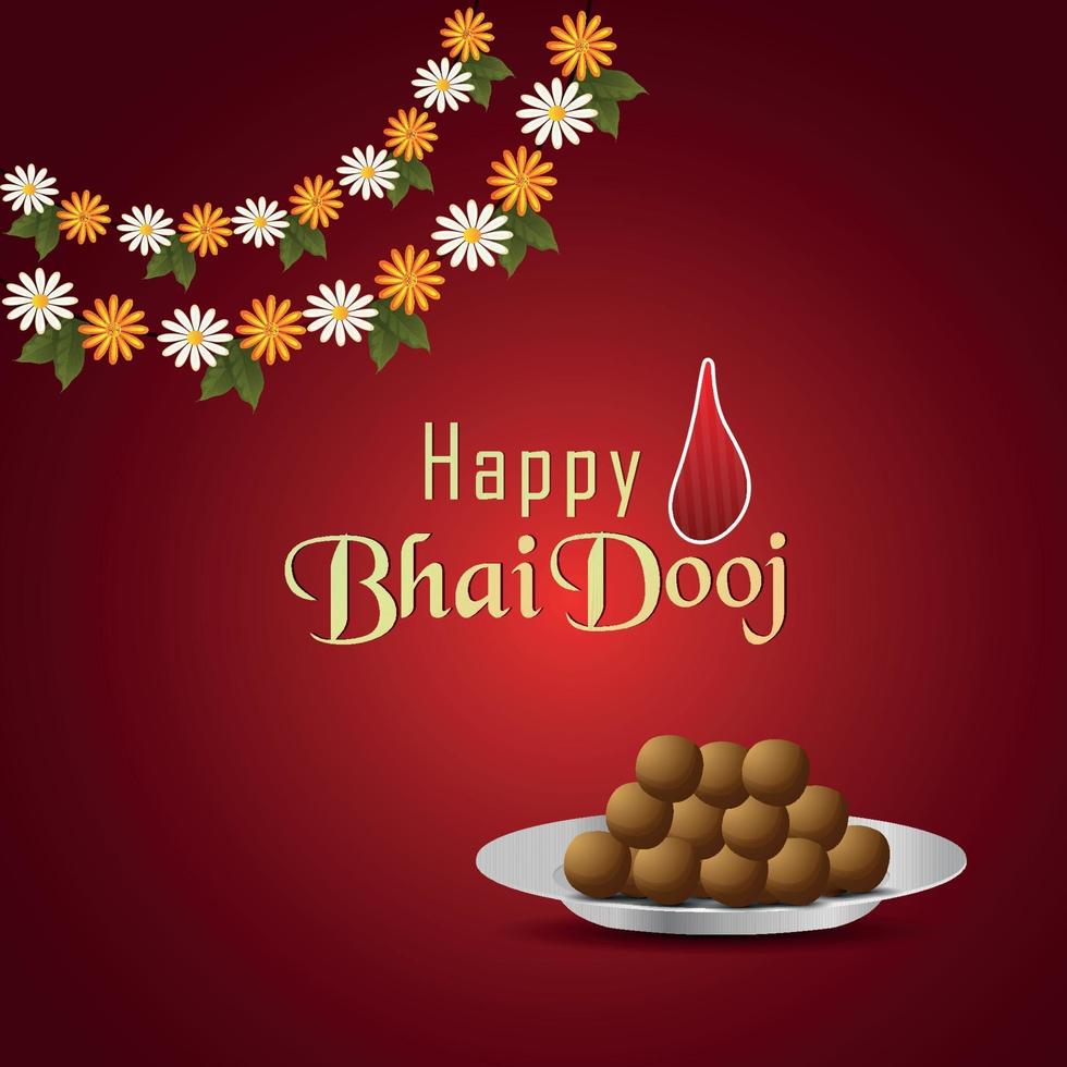 Happy bhai dooj invitation greeting card with creative illustration and sweets vector