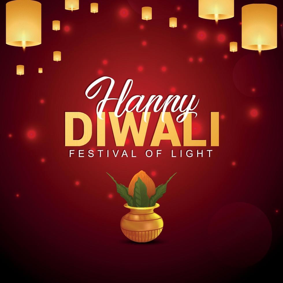 Ilustración de vector de feliz diwali y fondo con kalash creativo y lámpara de diwali