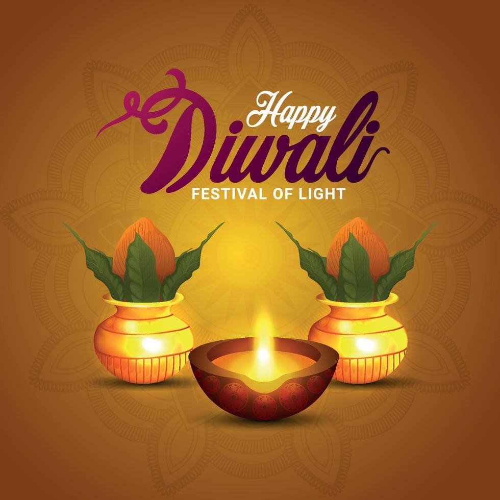 Happy diwali vector illustration and background with creative kalash and diwali lamp