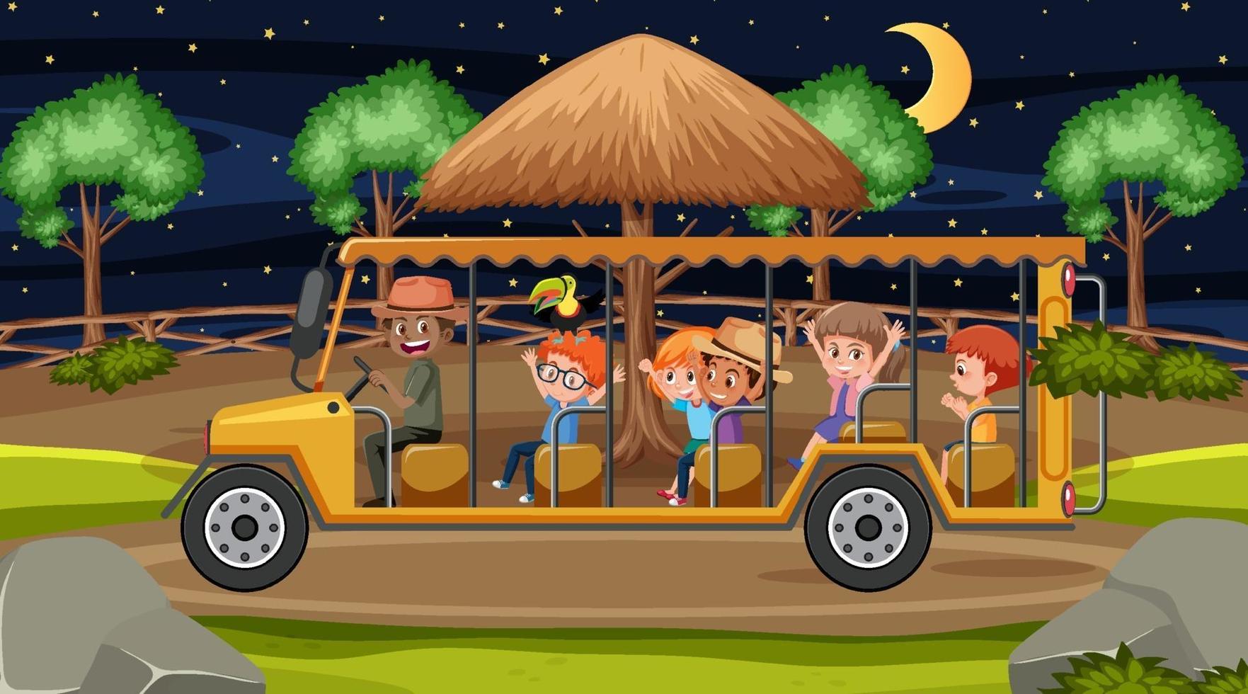 Safari at night scene with many kids in tourist car vector