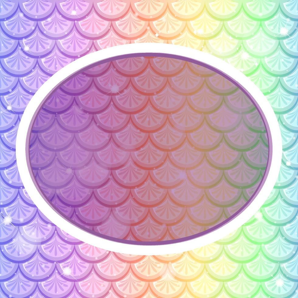 Plantilla de marco ovalado sobre fondo de escamas de pescado de arco iris pastel vector