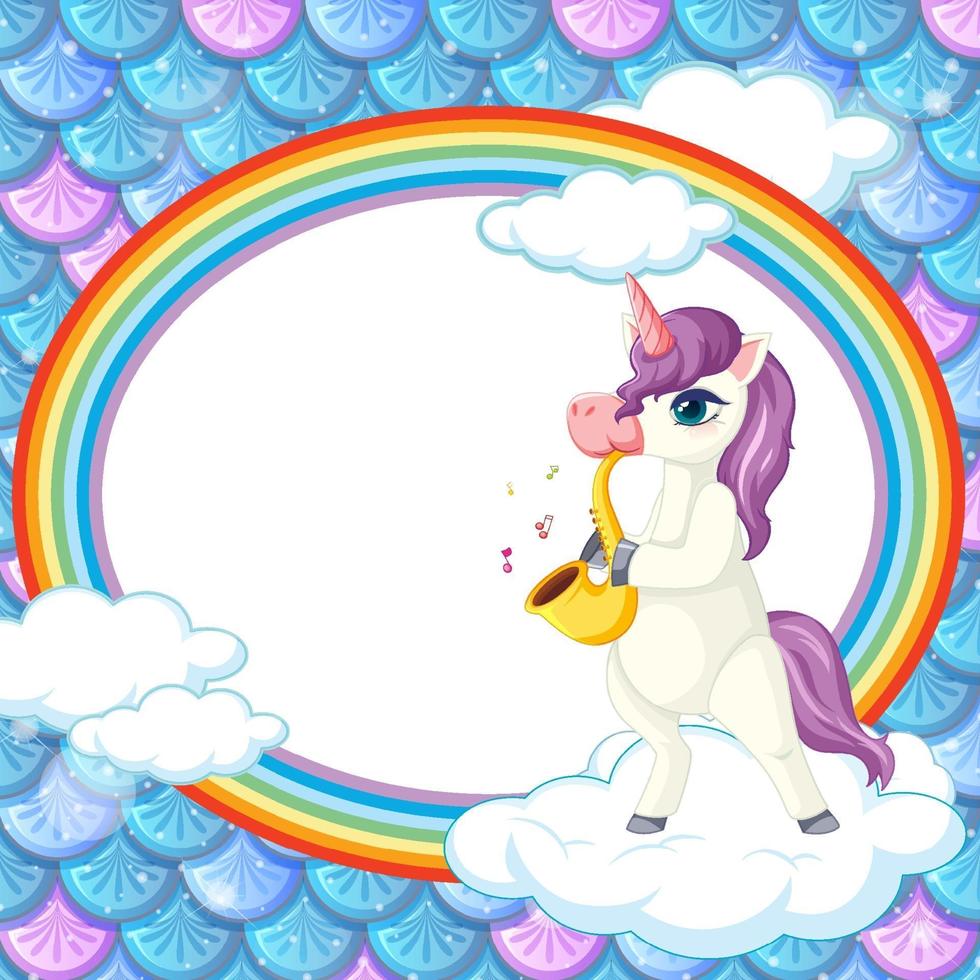 Banner ovalado de arco iris con personaje de dibujos animados de unicornio sobre fondo de escamas de pez arcoíris vector