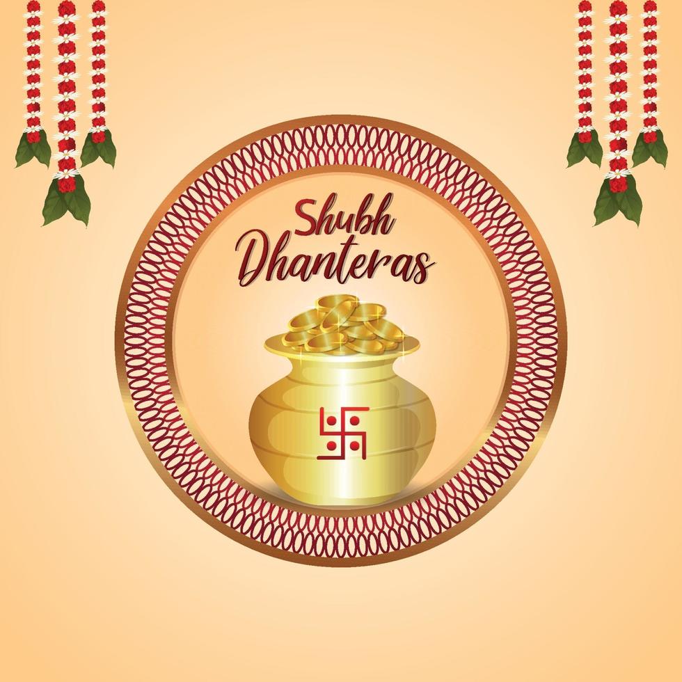 Happy dhanteras the festival of india invitation greeting card with vector illustration of gold coin pot